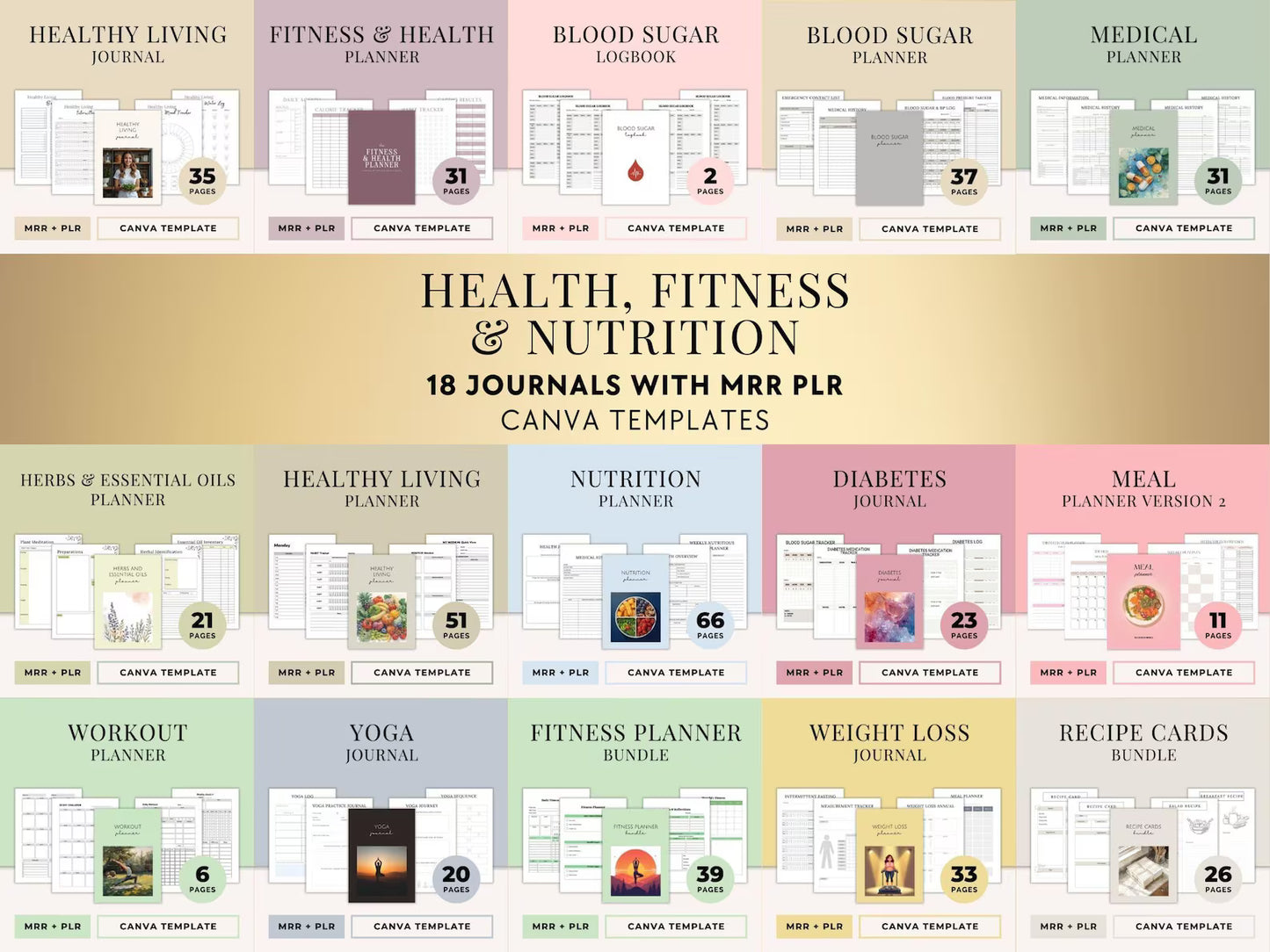432 Pages Planners, & Journals, & Templates: Health, Fitness & Nutrition Bundle | PLR + MRR