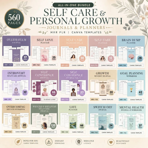 560 Pages Self-Care & Personal Growth Bundle: Planners, Journals, Templates | PLR + MRR