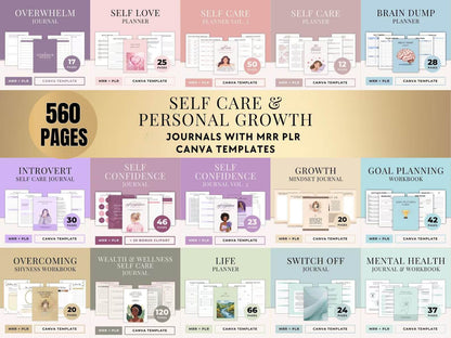 560 Pages Self-Care & Personal Growth Bundle: Planners, Journals, Templates | PLR + MRR