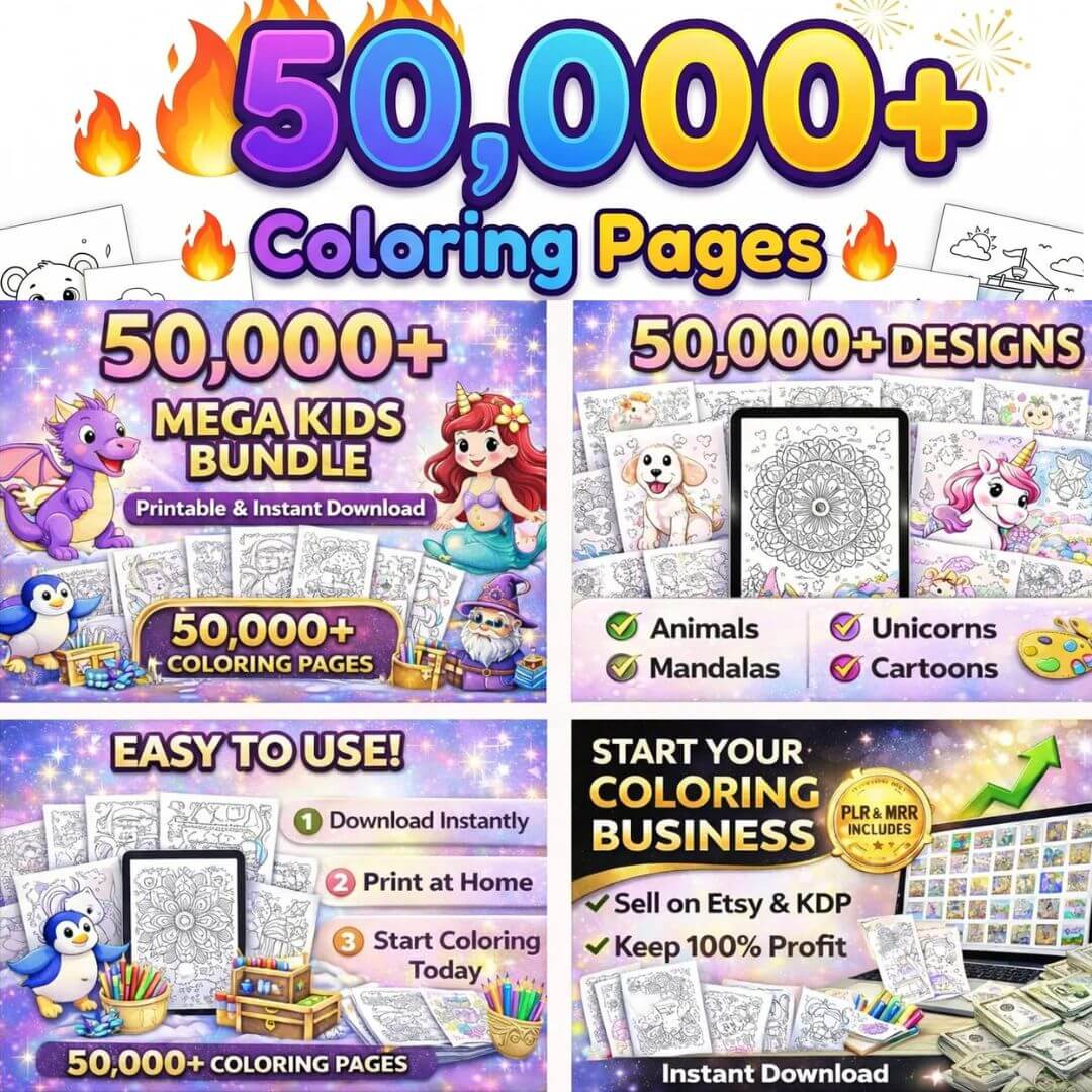 50,000+ Coloring Pages Bundle for Kids and Adults | PLR & MRR