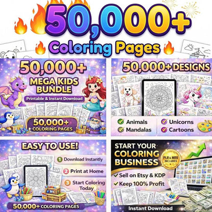 50,000+ Coloring Pages Bundle for Kids and Adults | PLR & MRR