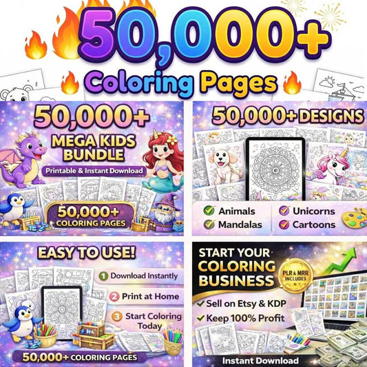 50,000+ Coloring Pages Bundle for Kids and Adults | PLR & MRR
