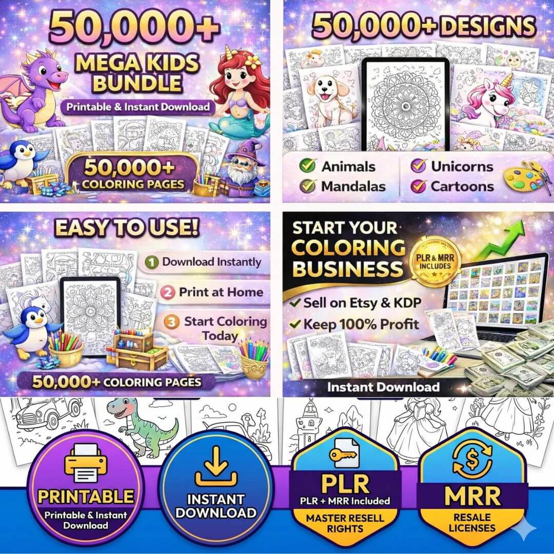 50,000+ Coloring Pages Bundle for Kids and Adults | PLR & MRR