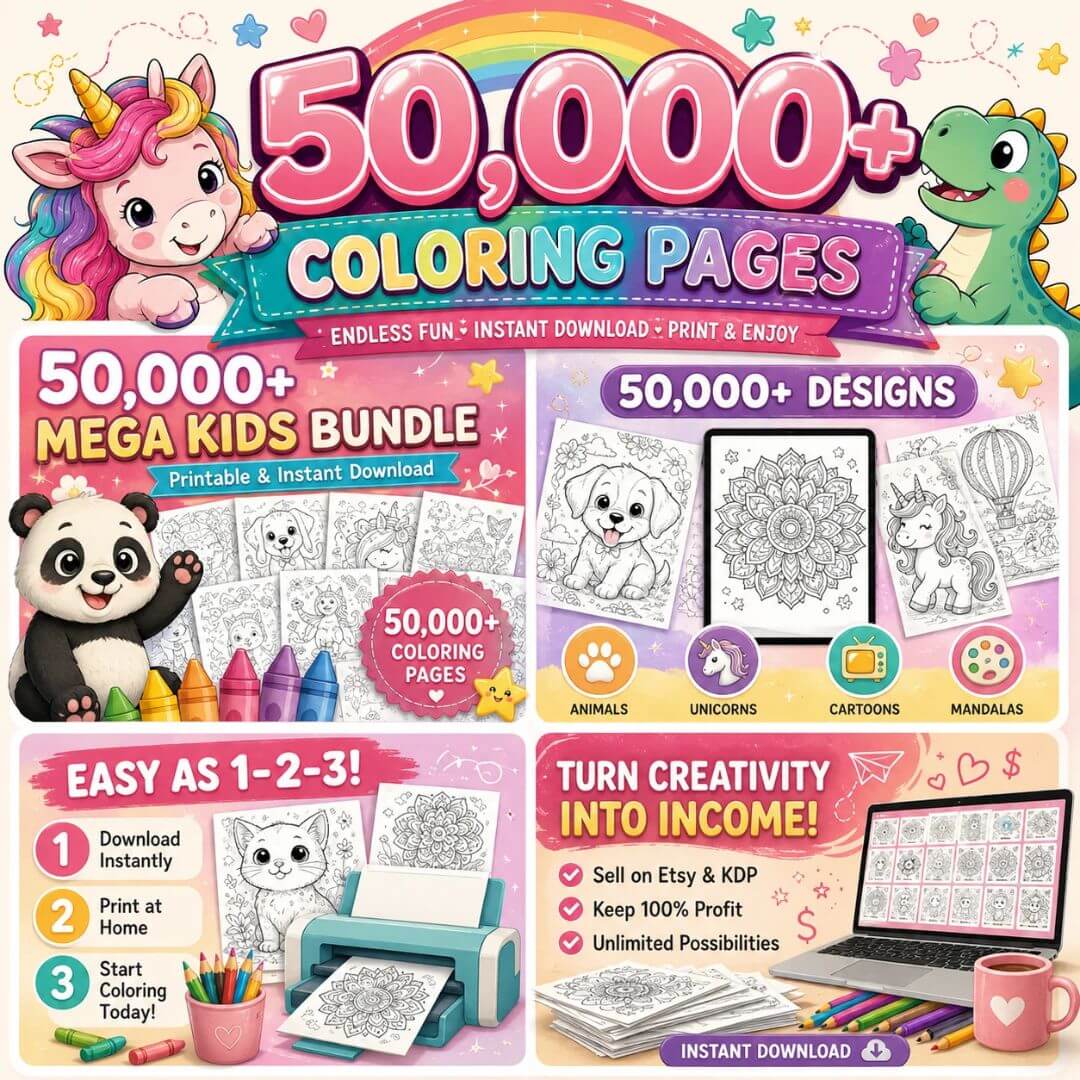 50,000+ Coloring Pages Bundle for Kids and Adults | PLR & MRR