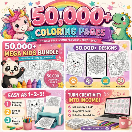 50,000+ Coloring Pages Bundle for Kids and Adults | PLR & MRR