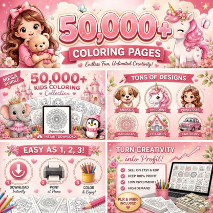 50,000+ Coloring Pages Bundle for Kids and Adults | PLR & MRR