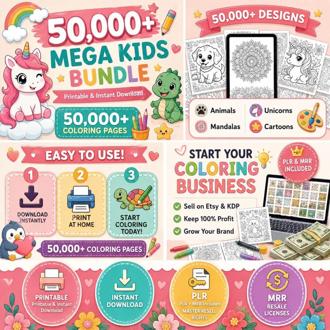 50,000+ Coloring Pages Bundle for Kids and Adults | PLR & MRR