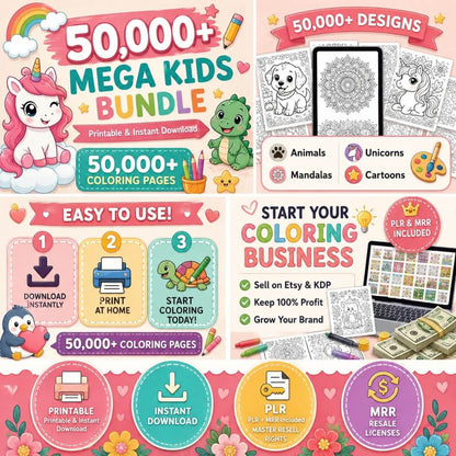 50,000+ Coloring Pages Bundle for Kids and Adults | PLR & MRR