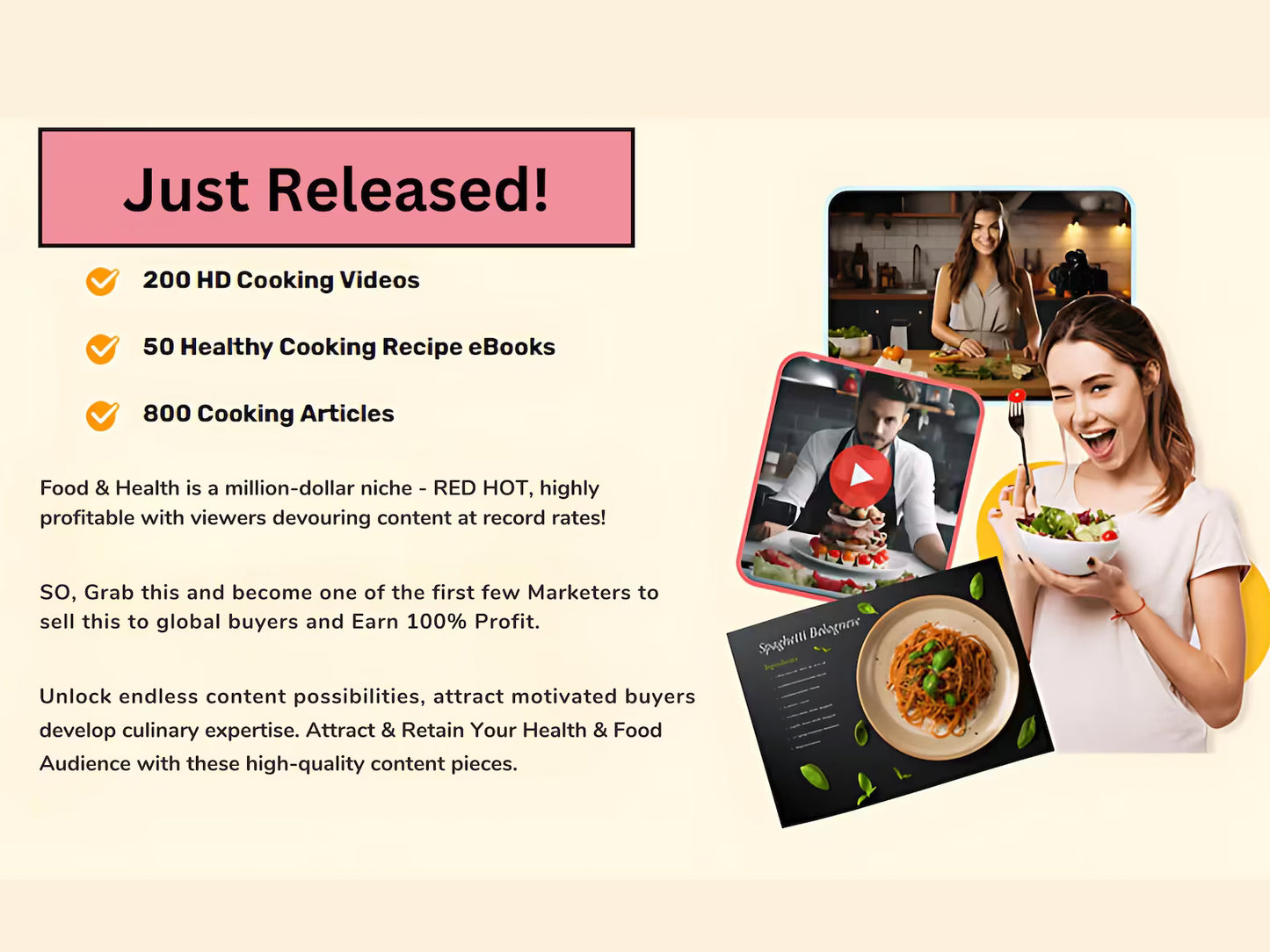 200 HD Videos + 50 Recipe eBooks + 800 Articles | PLR Resell & Monetization Pack