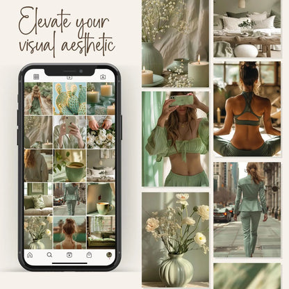 160 Sage Green Aesthetic Photos Bundle (PLR + MRR Included)