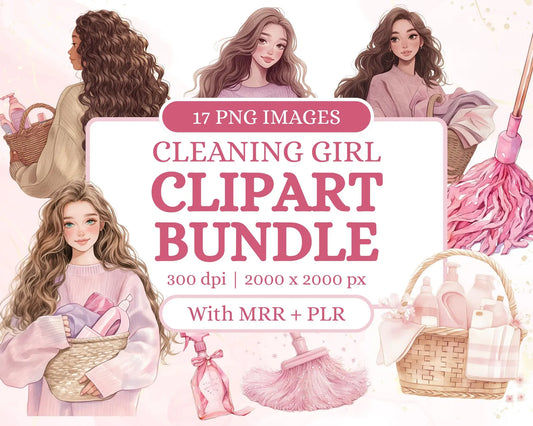17 Cleaning Girl Clipart Bundle with Resell Rights |PLR & MRR