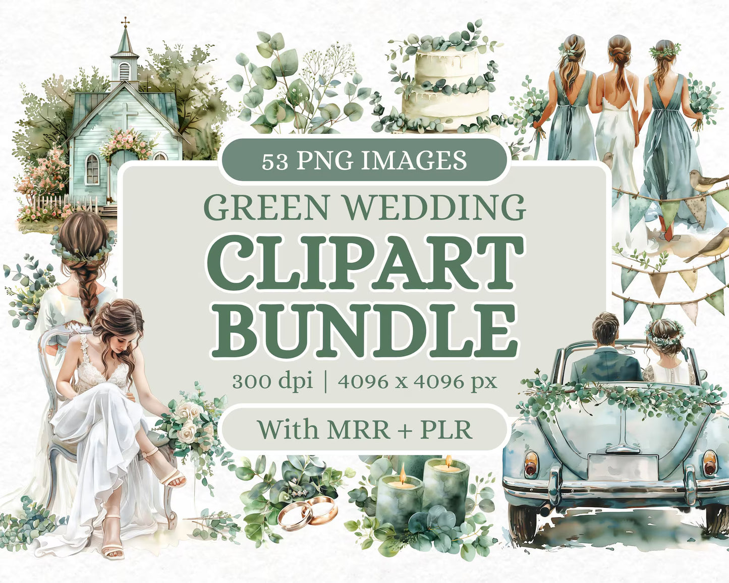 53 Green Wedding Clipart Bundle | PLR + MRR
