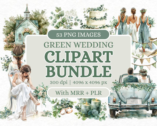 53 Green Wedding Clipart Bundle | PLR + MRR