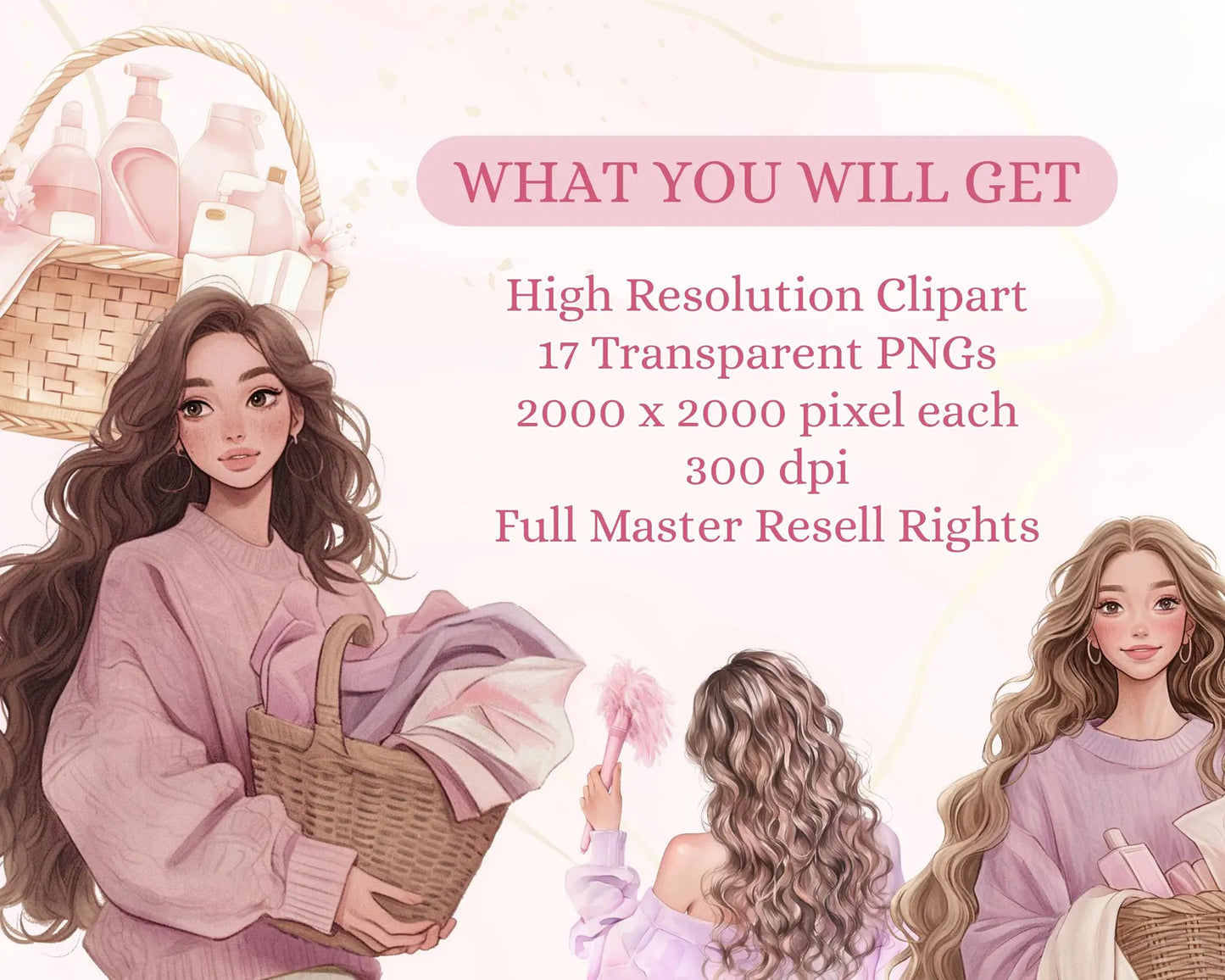 17 Cleaning Girl Clipart Bundle with Resell Rights |PLR & MRR