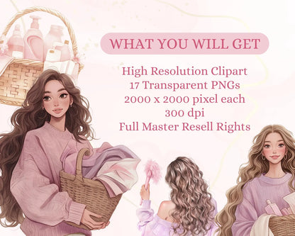 17 Cleaning Girl Clipart Bundle with Resell Rights |PLR & MRR