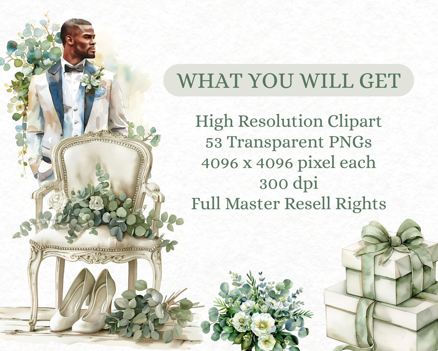 53 Green Wedding Clipart Bundle | PLR + MRR