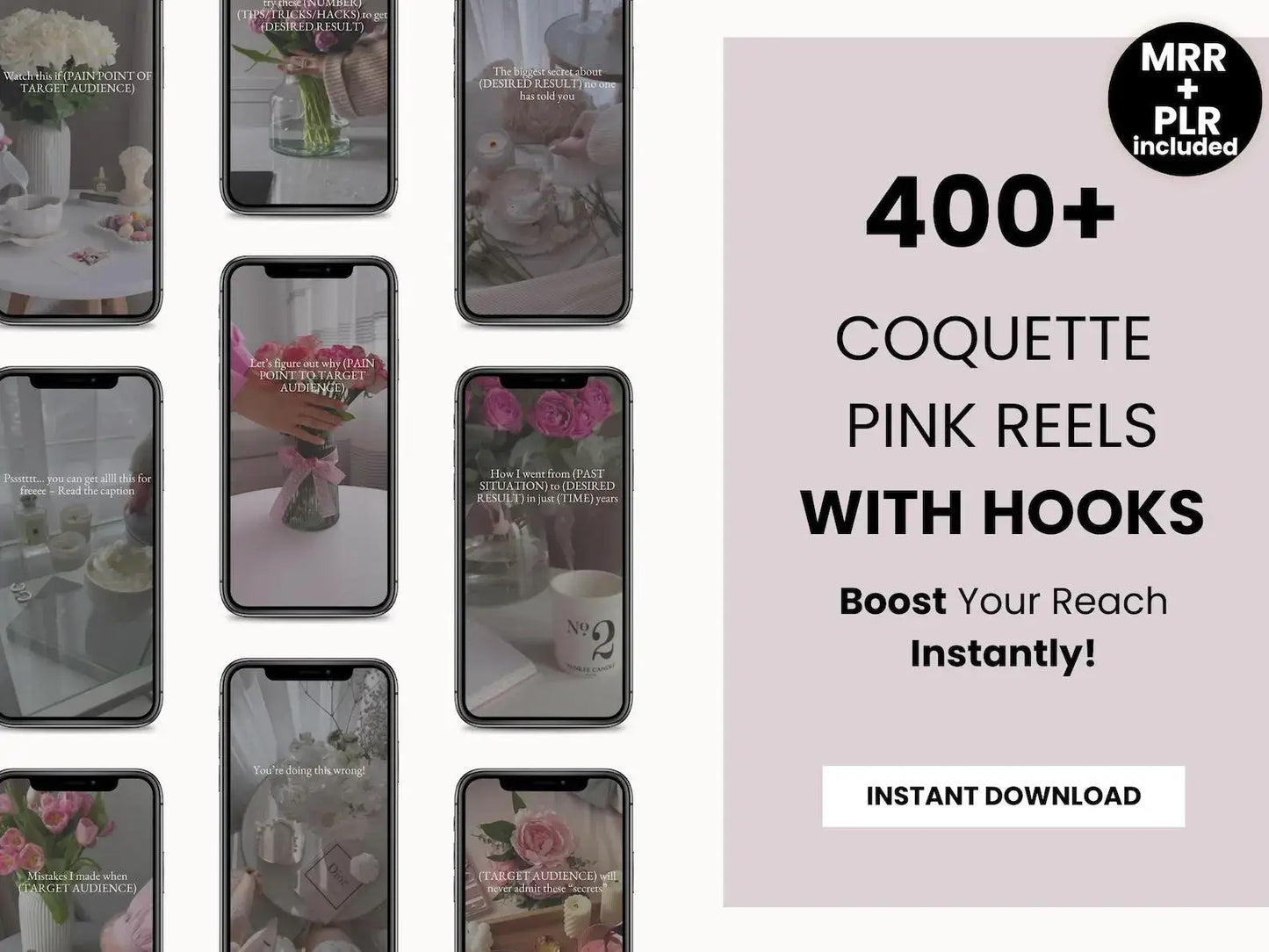 335+ Pink Aesthetic Photos, 800 Pink Coquette Reels & 100 Templates | PLR + MRR