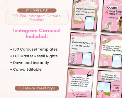 100 Pink Instagram Carousel Templates |PLR & MRR Rights