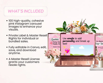100 Pink Instagram Carousel Templates |PLR & MRR Rights