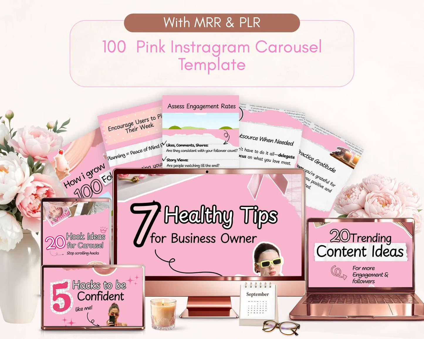 100 Pink Instagram Carousel Templates |PLR & MRR Rights