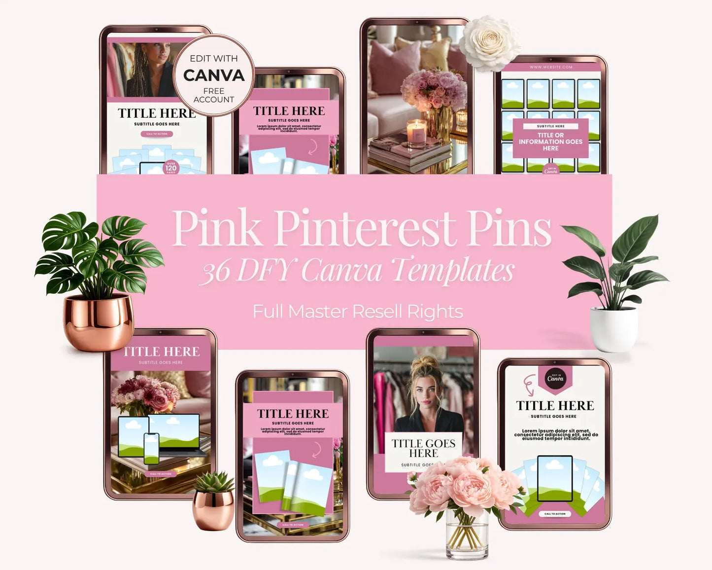 36 Pink Color Pinterest Pin Templates | PLR + MRR