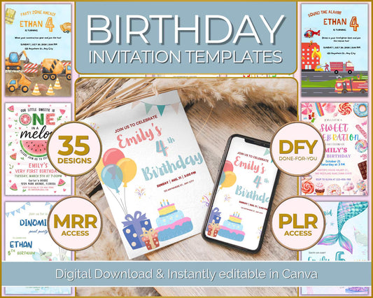 35 Birthday Invitation Templates | Editable Canva Templates | PLR + MRR Digital Product