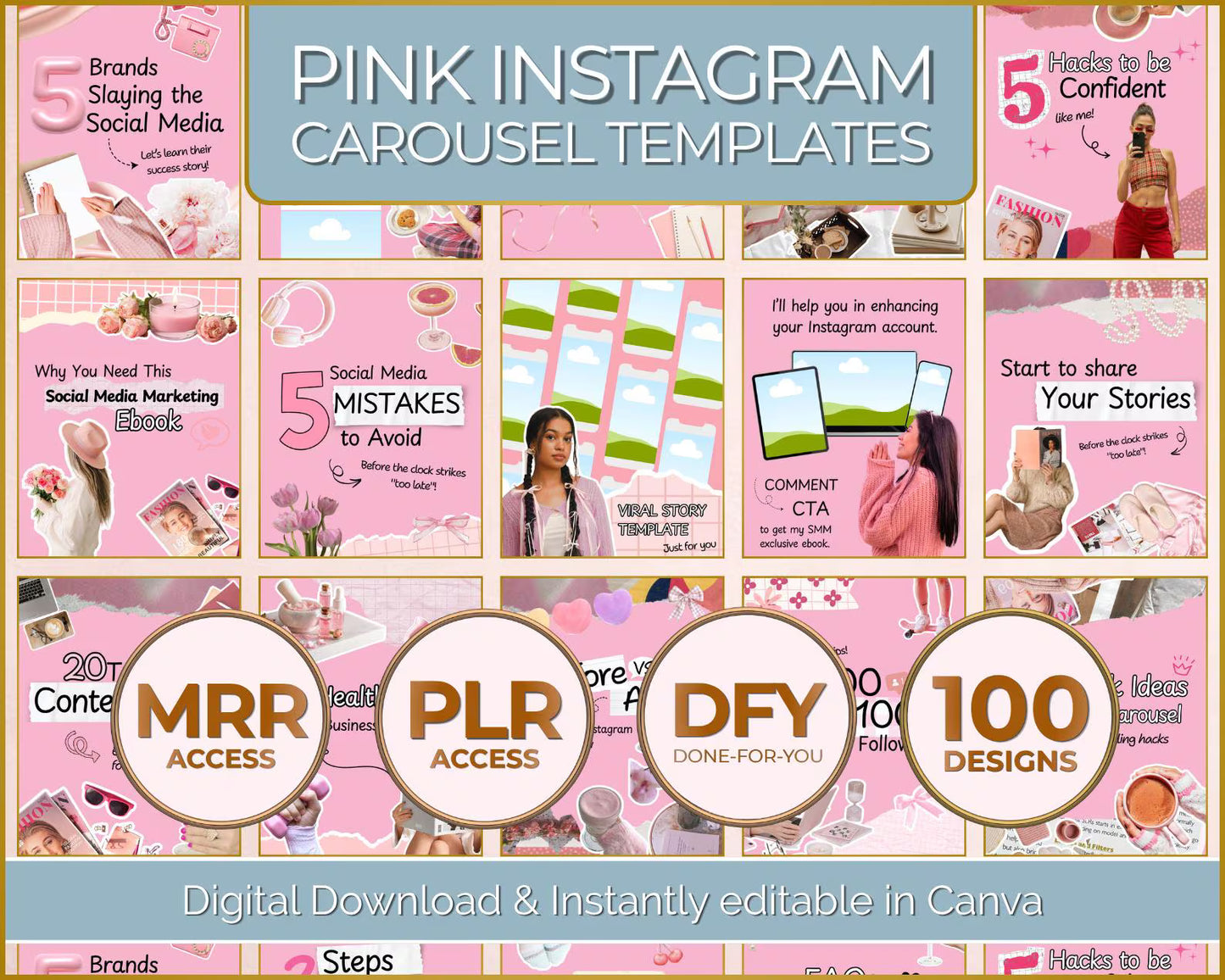 100 Pink Instagram Carousel Templates |PLR & MRR Rights