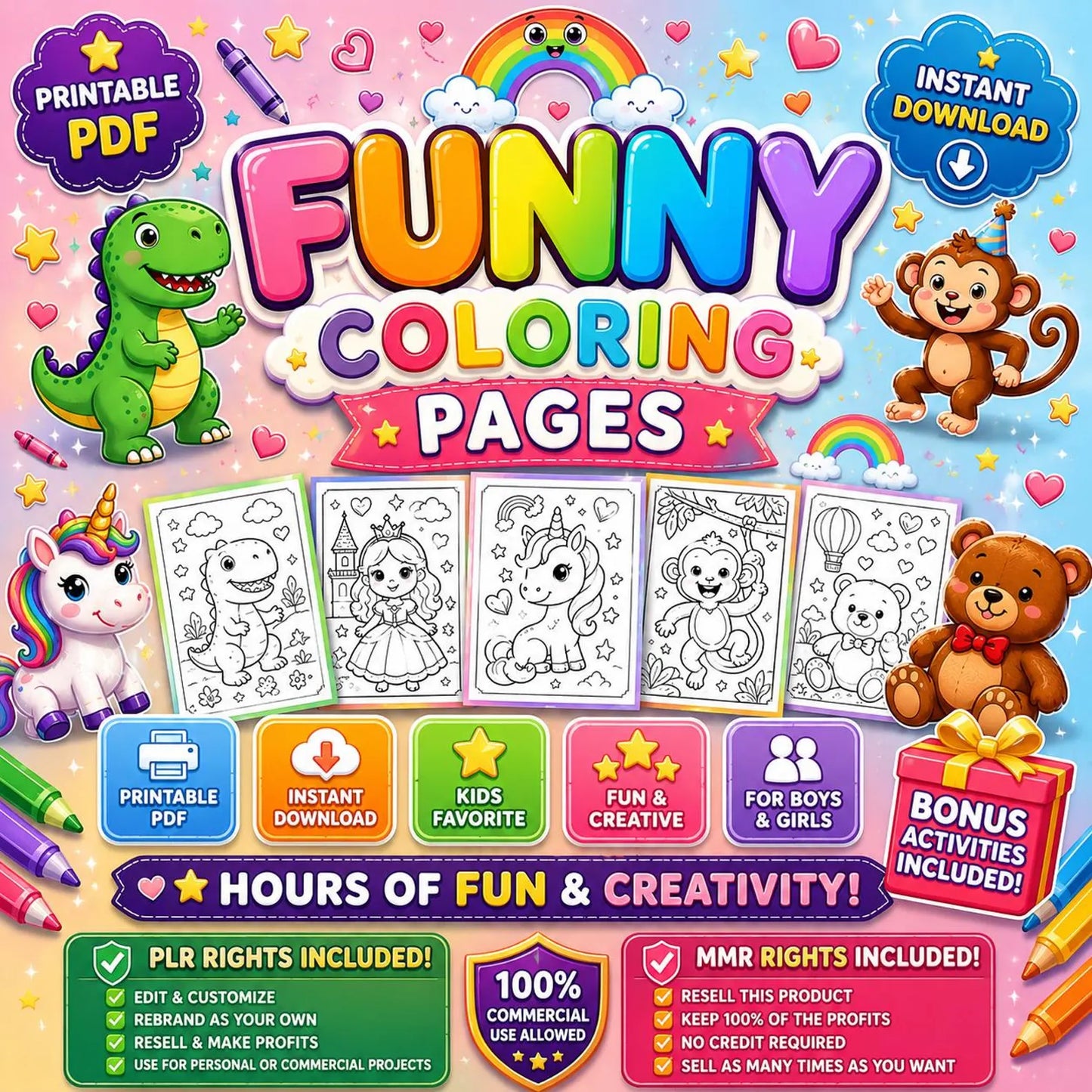 Funny Coloring Pages Kids Learning Bundle with Resell rights | PLR + MRR
