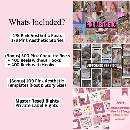 335+ Pink Aesthetic Photos, 800 Pink Coquette Reels & 100 Templates | PLR + MRR